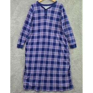 DREAMS & CO. Women's 1X Thermal Waffle Knit Henley Nightgown Plaid Blue Purple